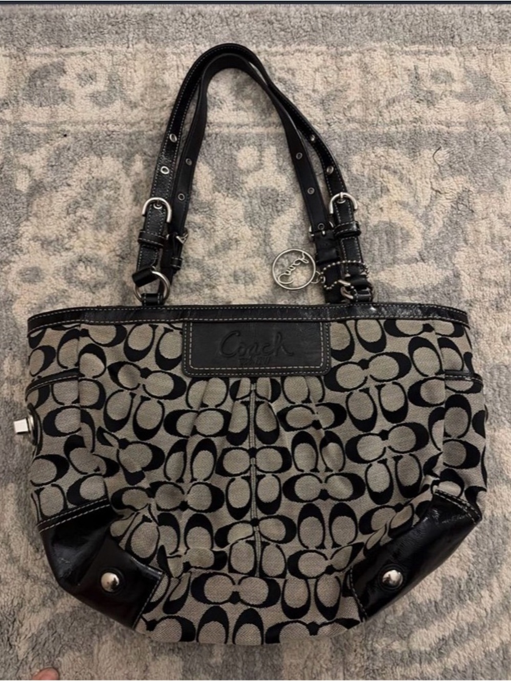 Coach Black and Khaki Signature Shoulder Tote